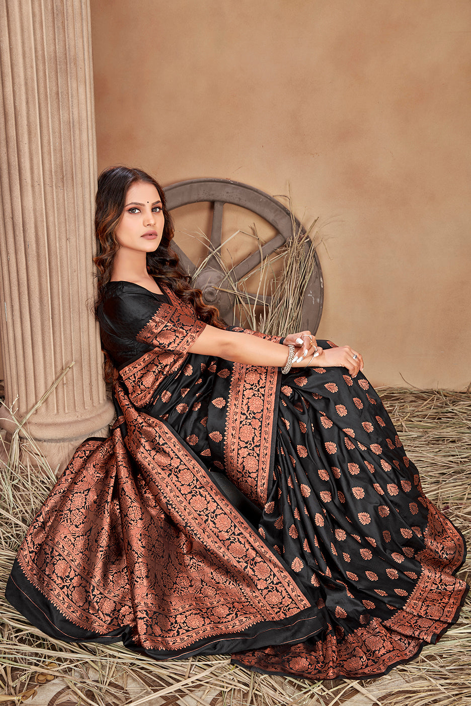 Black woven banarasi silk traditional saree Clothsvilla