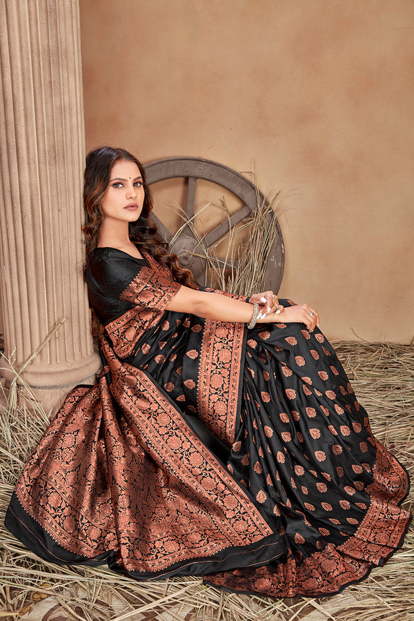 Black woven banarasi silk traditional saree Clothsvilla