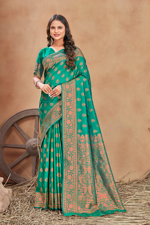 Turquoise woven banarasi silk traditional saree Clothsvilla Main image