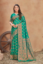 Load image into Gallery viewer, Turquoise woven banarasi silk traditional saree Clothsvilla
