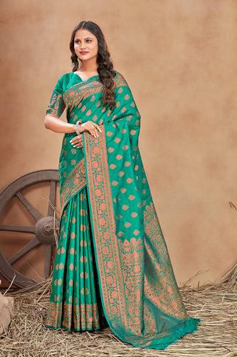 Turquoise woven banarasi silk traditional saree Clothsvilla