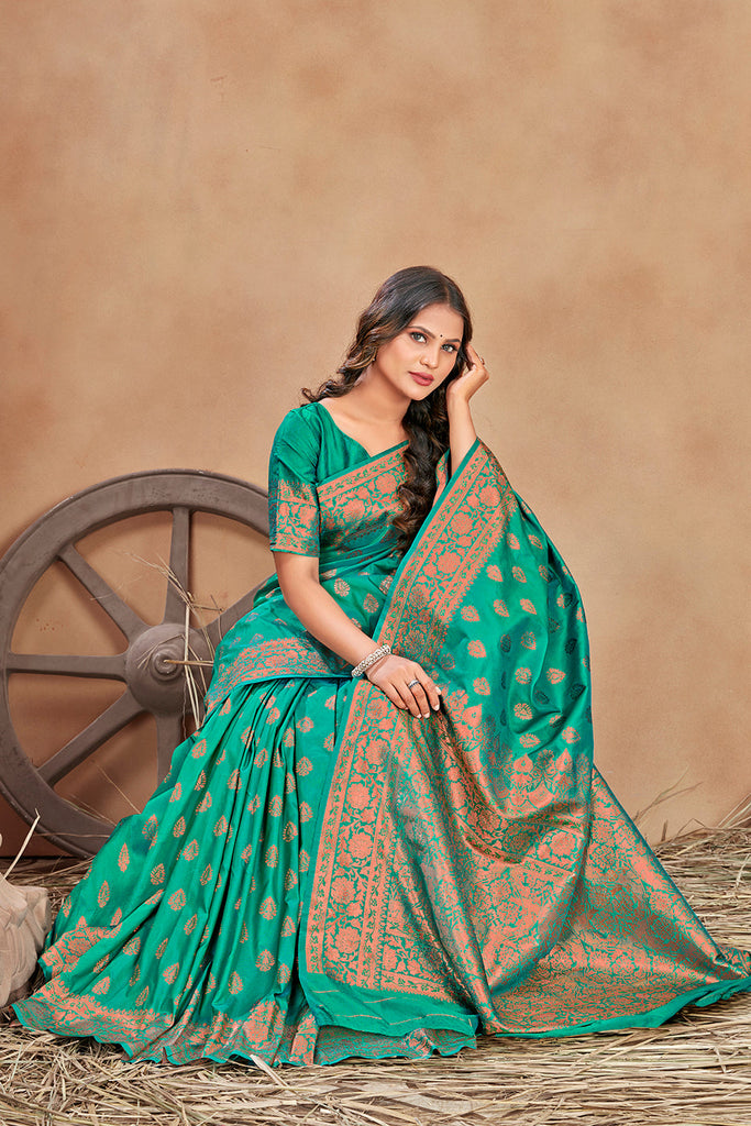 Turquoise woven banarasi silk traditional saree Clothsvilla