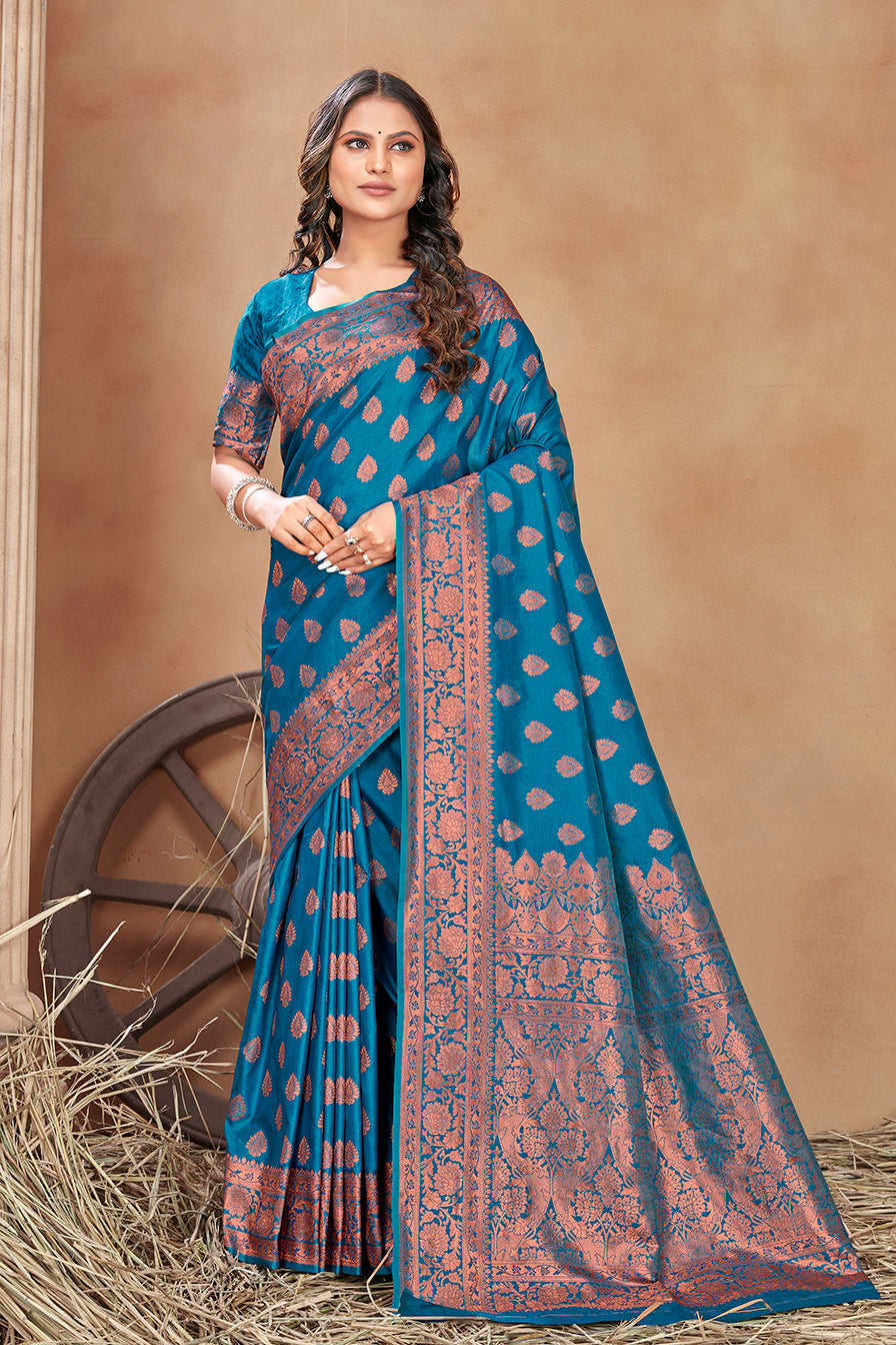 Cobalt blue woven banarasi silk traditional saree Clothsvilla Main image