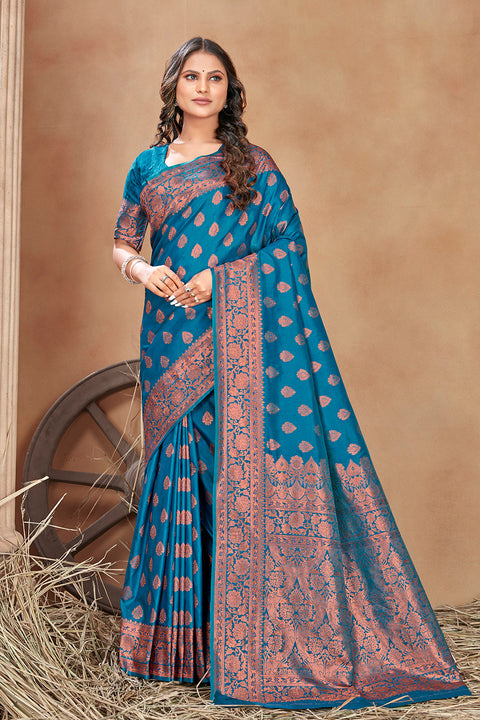 Cobalt blue woven banarasi silk traditional saree Clothsvilla Main image