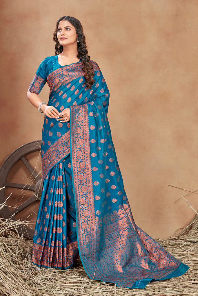 Cobalt blue woven banarasi silk traditional saree Clothsvilla