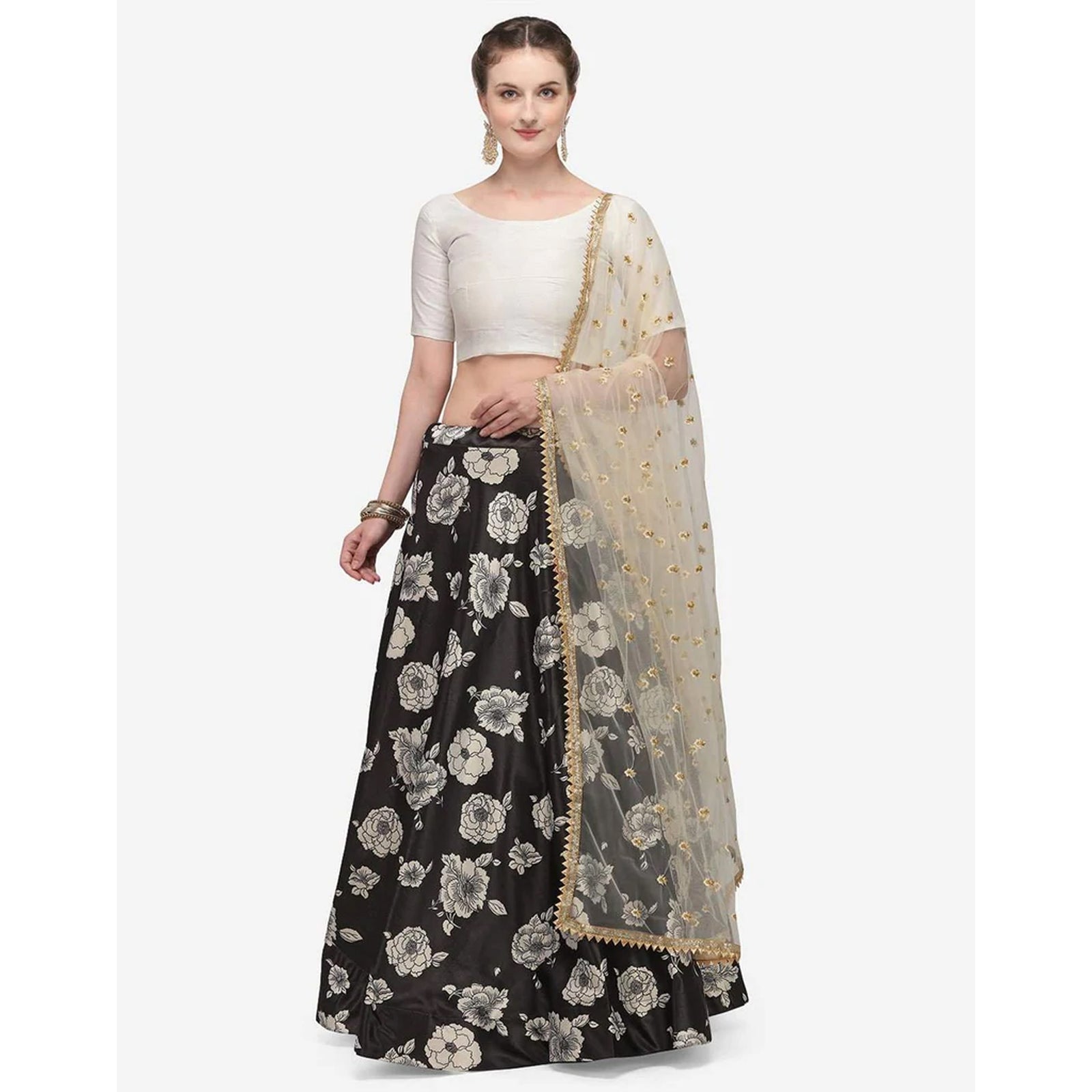 Black Color Zari Satin Lehenga Choli with Net Dupatta ClothsVilla
