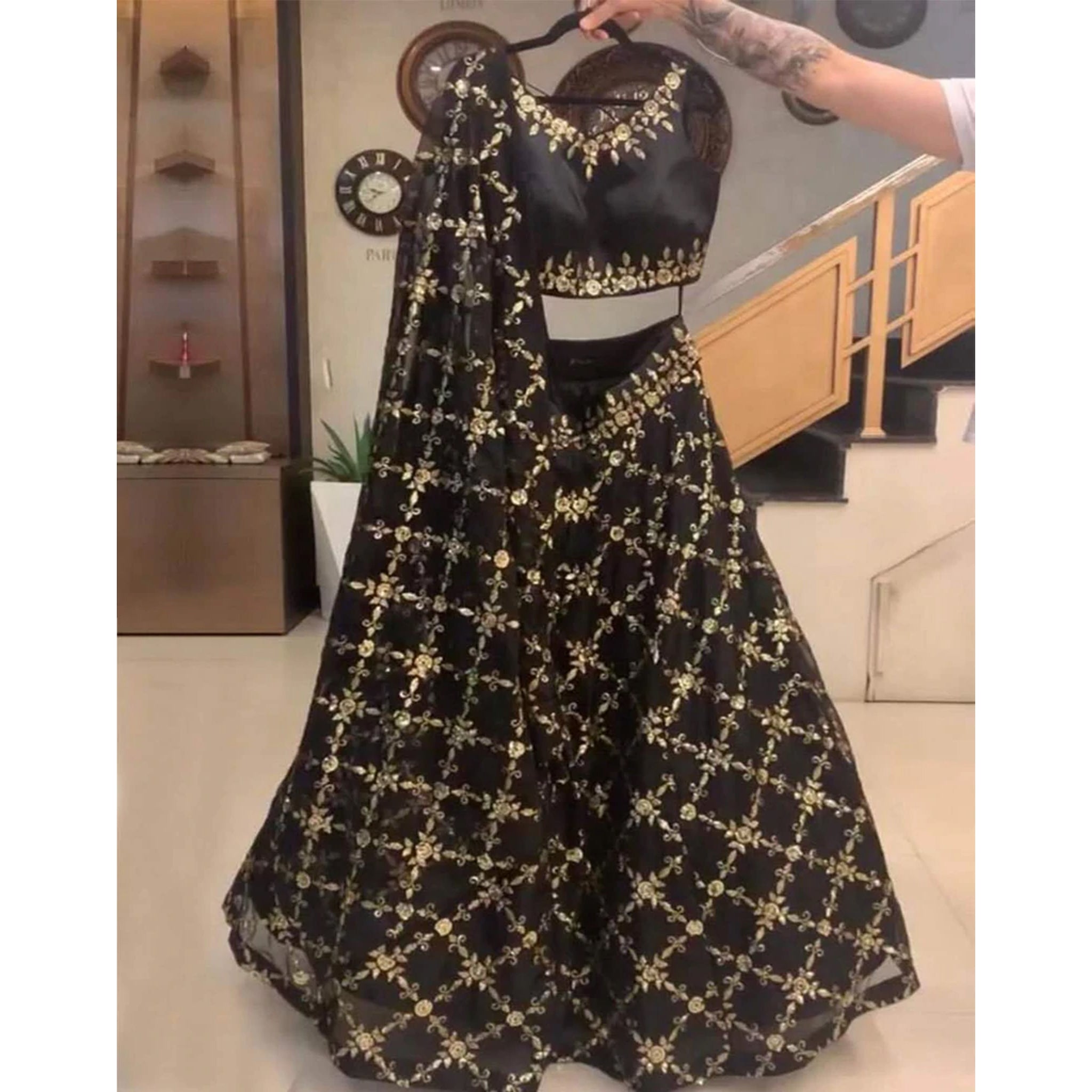 Black Lehenga Choli in Georgette with Heavy Sequence Work ClothsVilla Main image