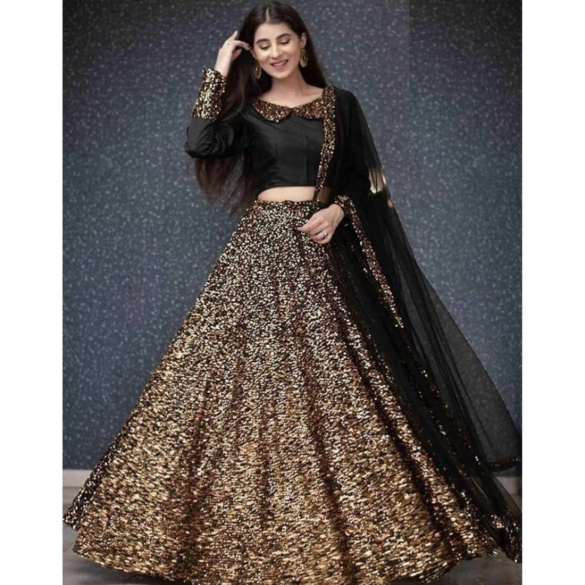 Black Lehenga Choli in Golden Sequence Tafeta for Wedding ClothsVilla Main image