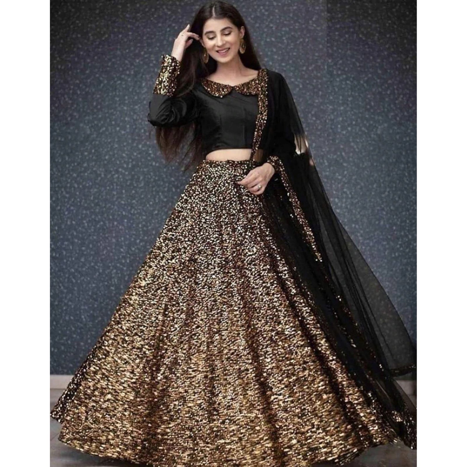 Black Lehenga Choli in Golden Sequence Tafeta for Wedding ClothsVilla