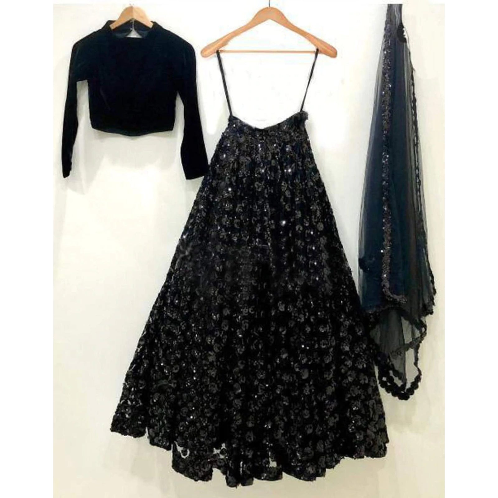 Black Lehenga Choli in Net with Sequence Work for Wedding ClothsVilla