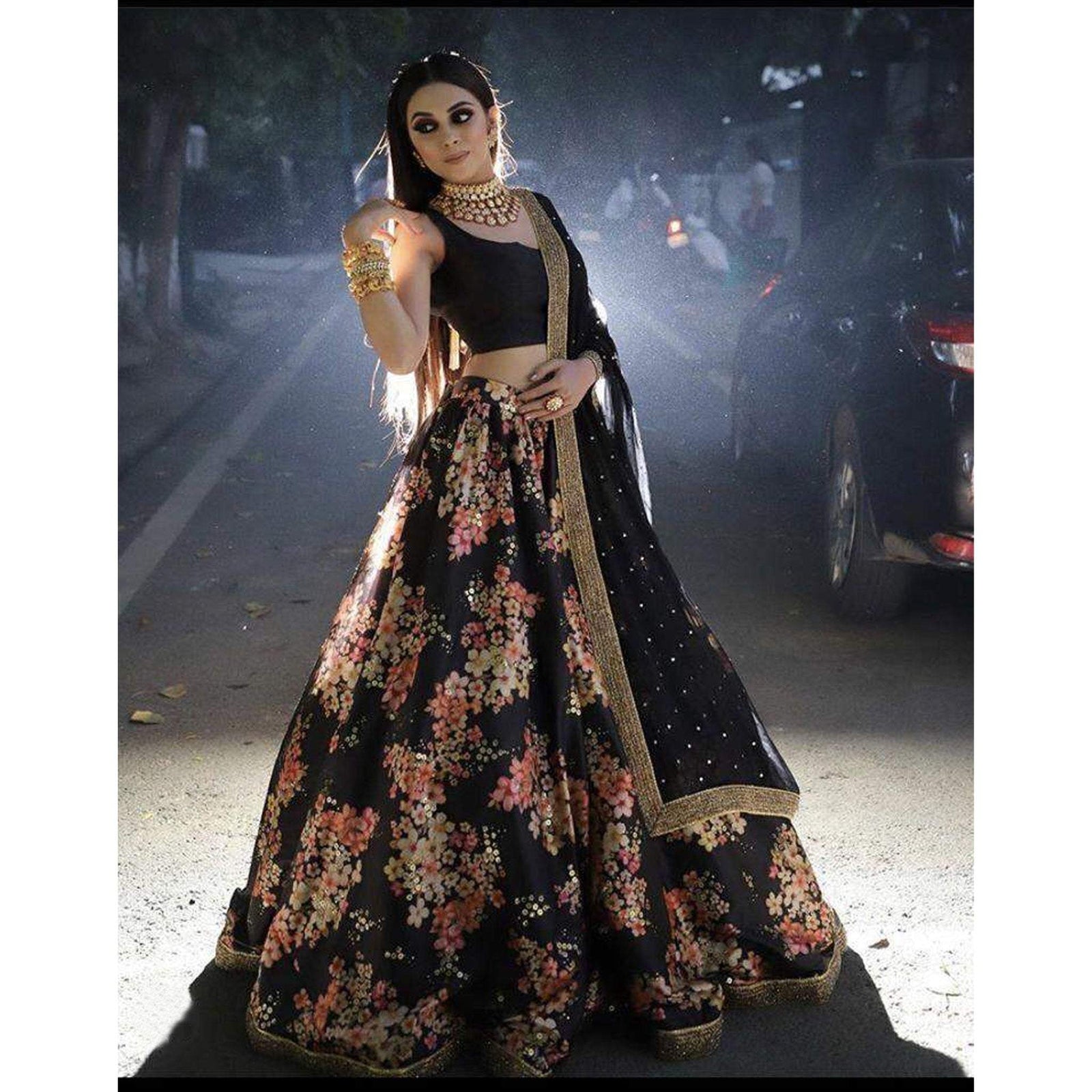 Black Lehenga Choli In Organza Fabric with Digital Print Work and Net Dupatta ClothsVilla