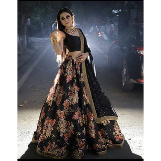 Black Lehenga Choli In Organza Fabric with Digital Print Work and Net Dupatta ClothsVilla