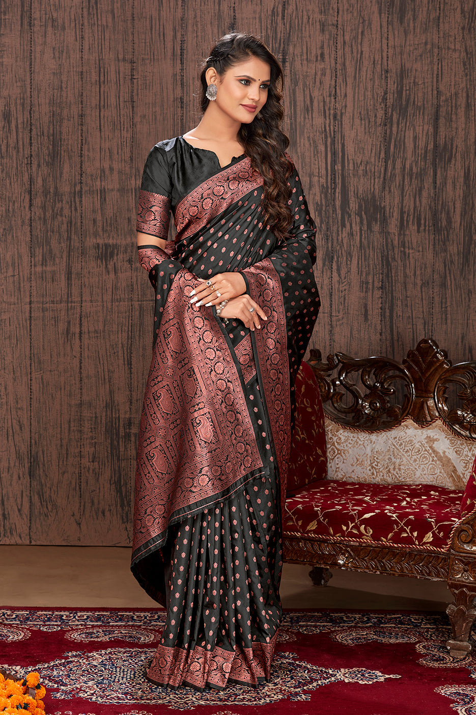 Black Color Banarasi Silk Zari Work Saree Clothsvilla