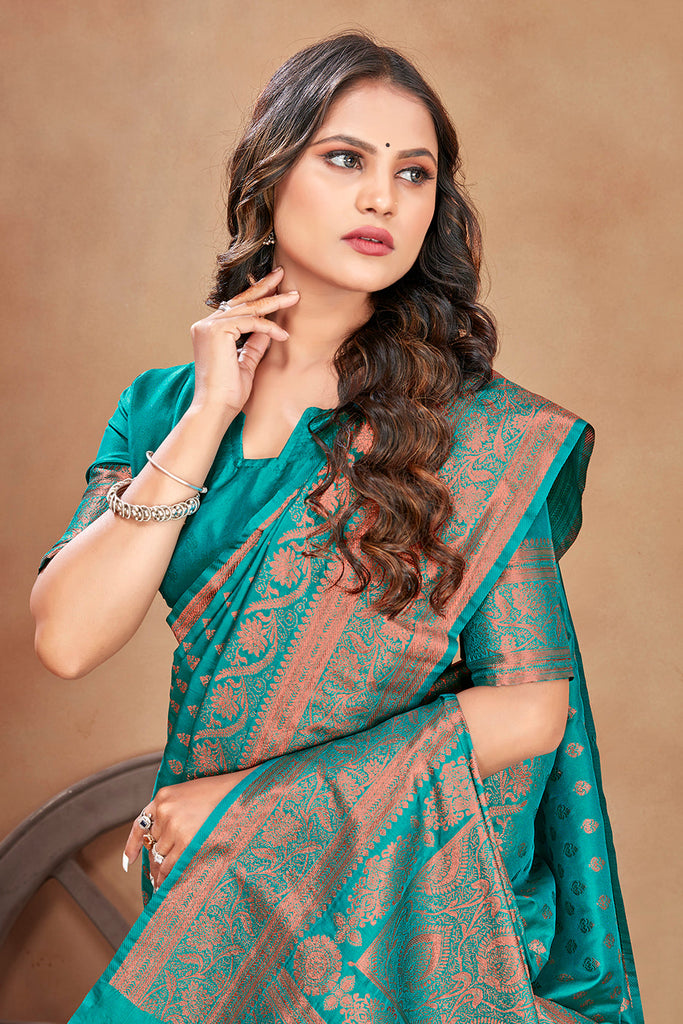 Turquoise Color Banarasi Silk Zari Work Saree Clothsvilla