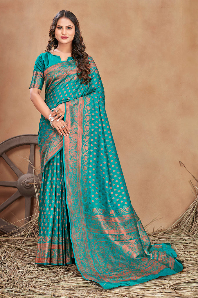 Turquoise Color Banarasi Silk Zari Work Saree Clothsvilla