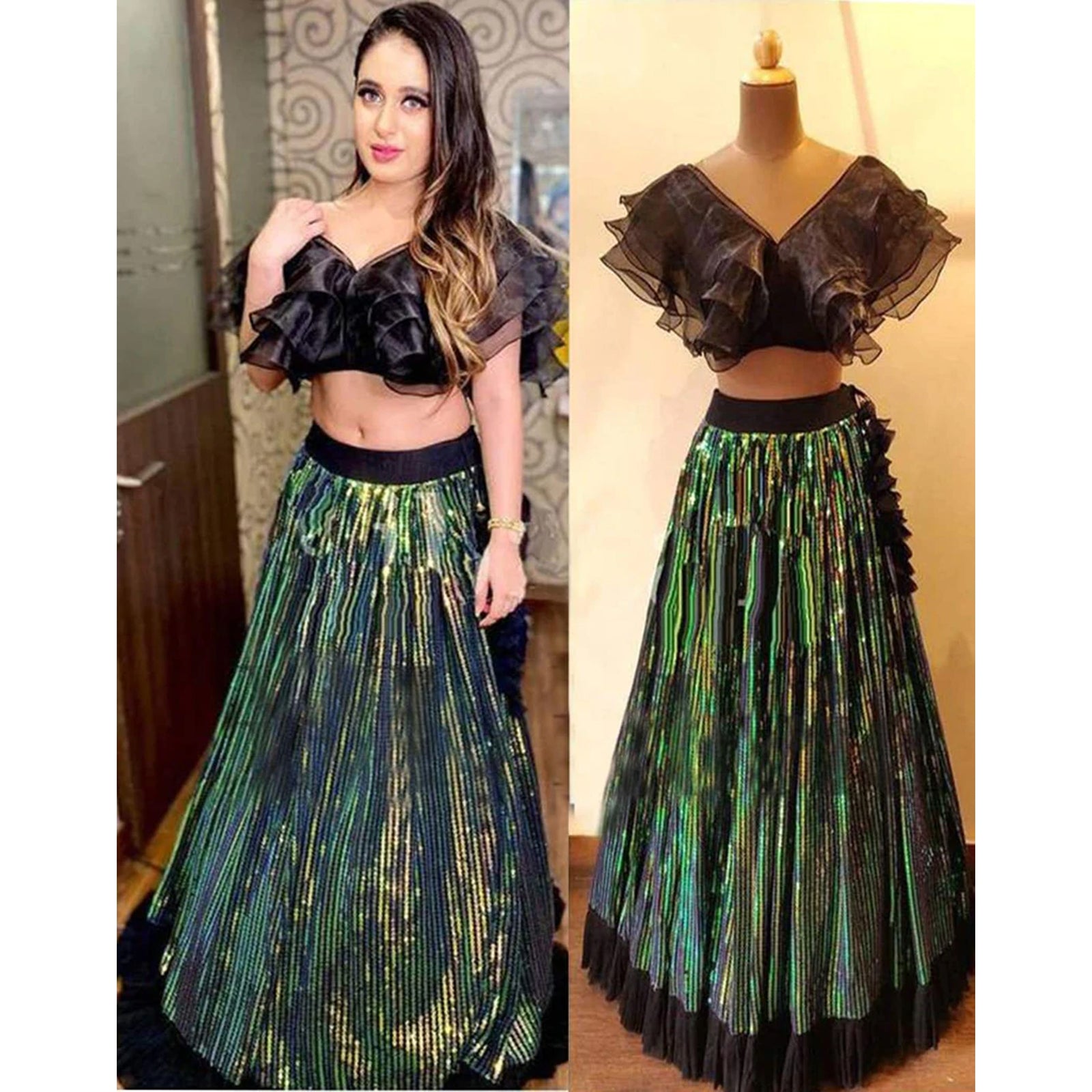 Black Lehenga Choli in Organza Silk with Unstitched Net Blouse ClothsVilla