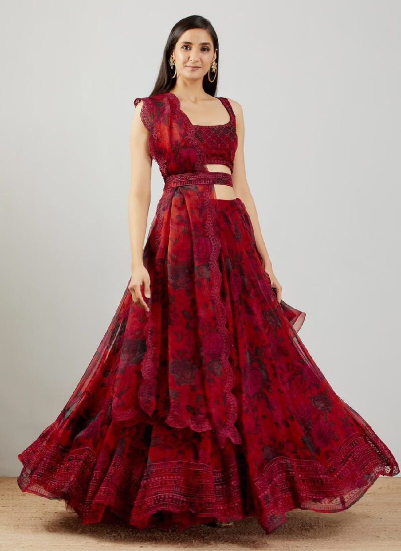Dark Red color Organza Lehenga Choli with Digital print and Embroidery work ClothsVilla