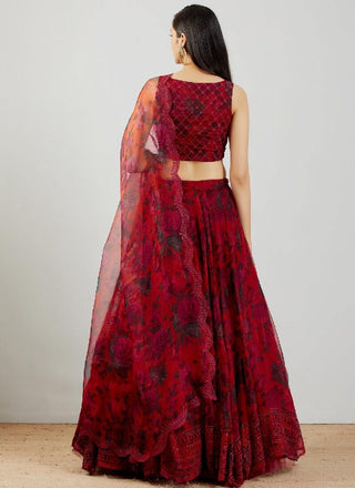 Dark Red color Organza Lehenga Choli with Digital print and Embroidery work ClothsVilla