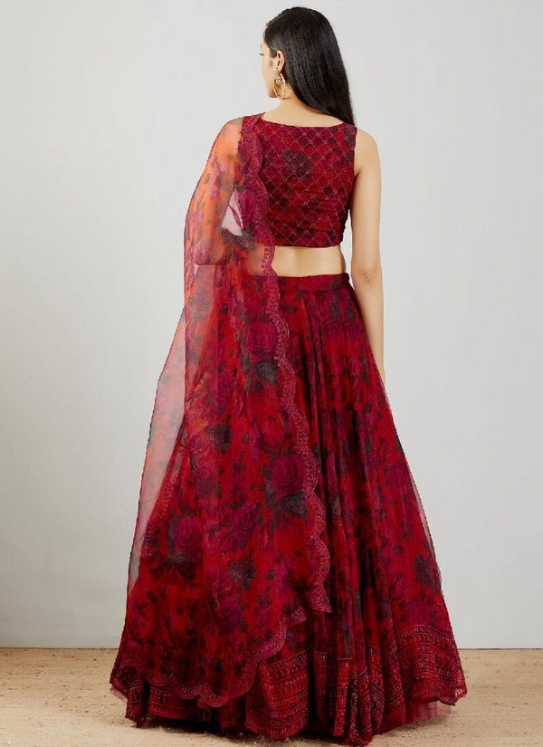 Dark Red color Organza Lehenga Choli with Digital print and Embroidery work ClothsVilla