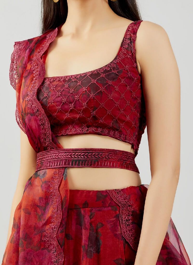 Dark Red color Organza Lehenga Choli with Digital print and Embroidery work ClothsVilla