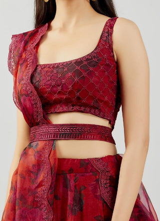 Dark Red color Organza Lehenga Choli with Digital print and Embroidery work ClothsVilla