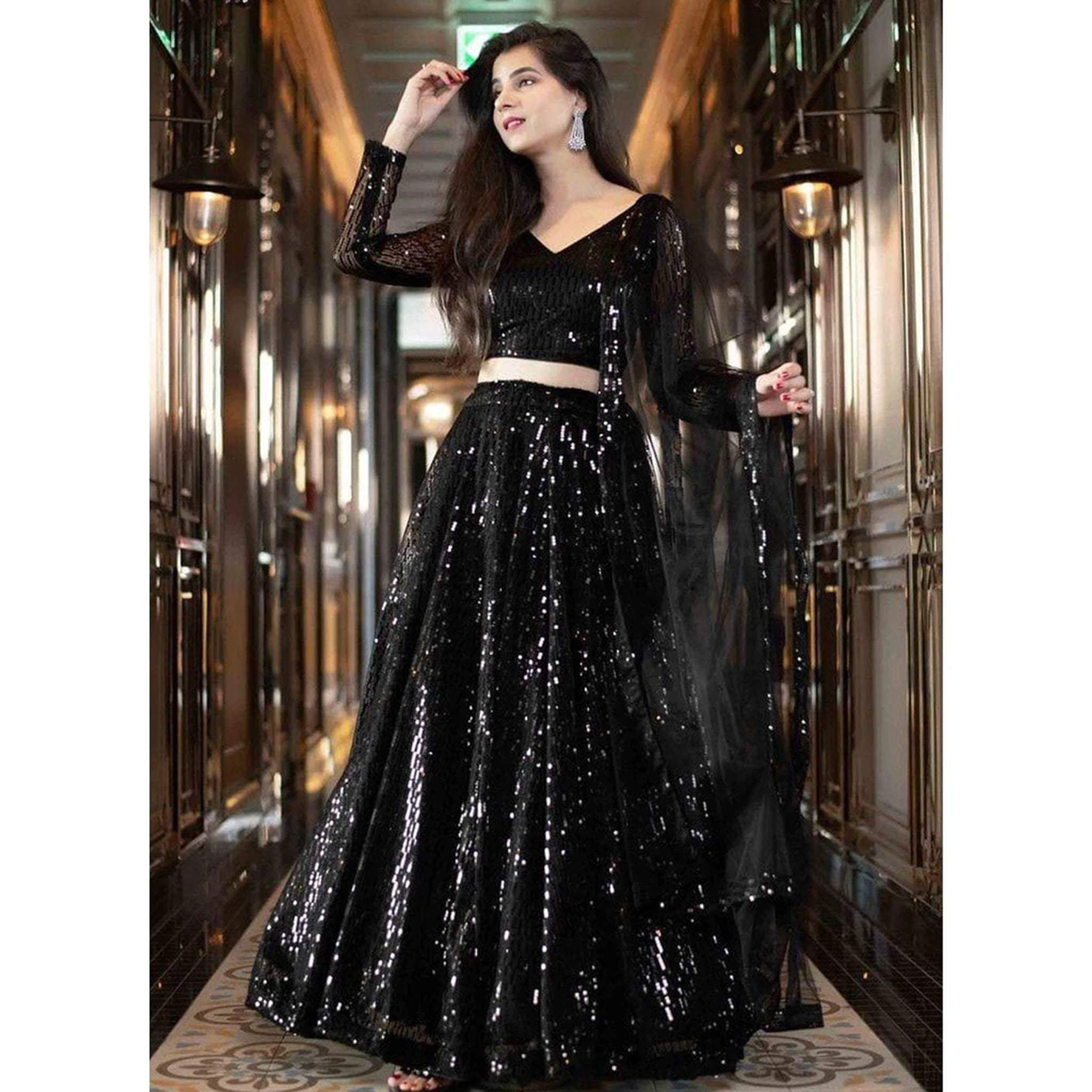 Black Lehenga Choli with Heavy Sequence Embroidery Work and Dupatta ClothsVilla