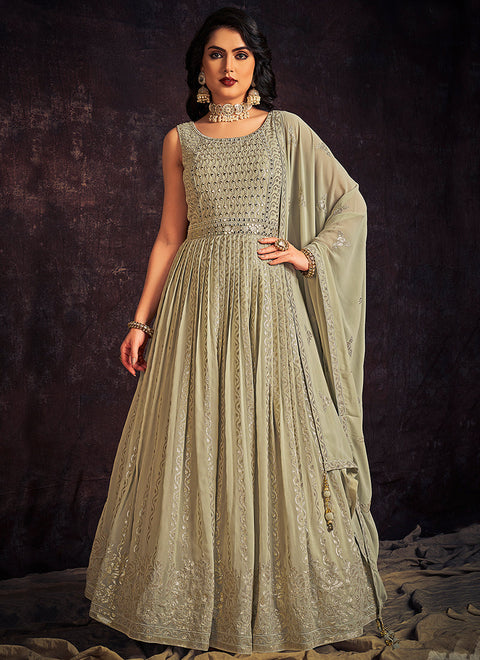 Pale Green Mirror Work Embroidery Anarkali Gown Clothsvilla Main image