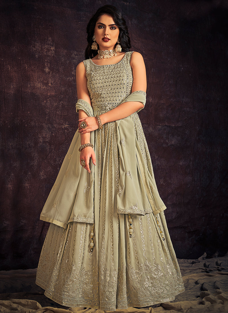 Pale Green Mirror Work Embroidery Anarkali Gown Clothsvilla