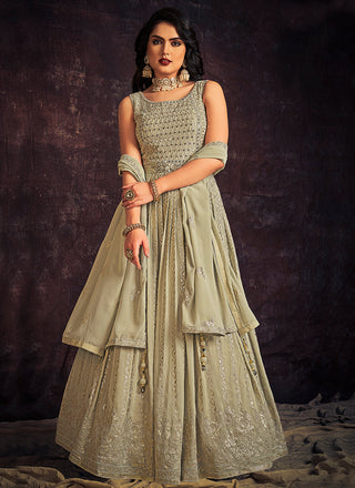 Pale Green Mirror Work Embroidery Anarkali Gown Clothsvilla