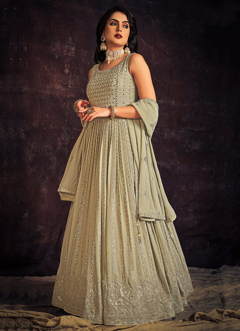 Pale Green Mirror Work Embroidery Anarkali Gown Clothsvilla