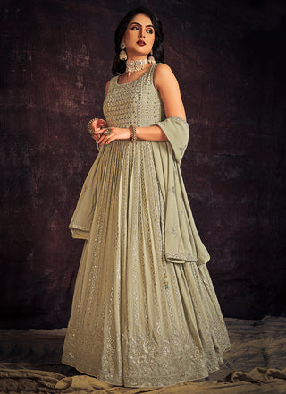 Pale Green Mirror Work Embroidery Anarkali Gown Clothsvilla