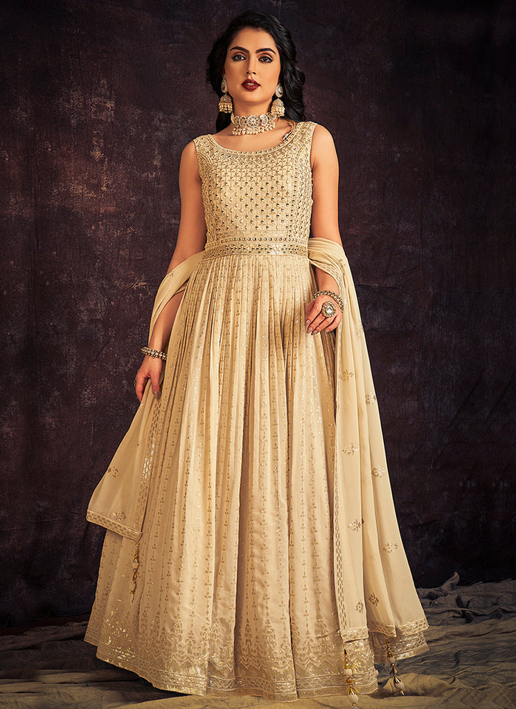 Off White Mirror Work Embroidery Anarkali Gown Clothsvilla