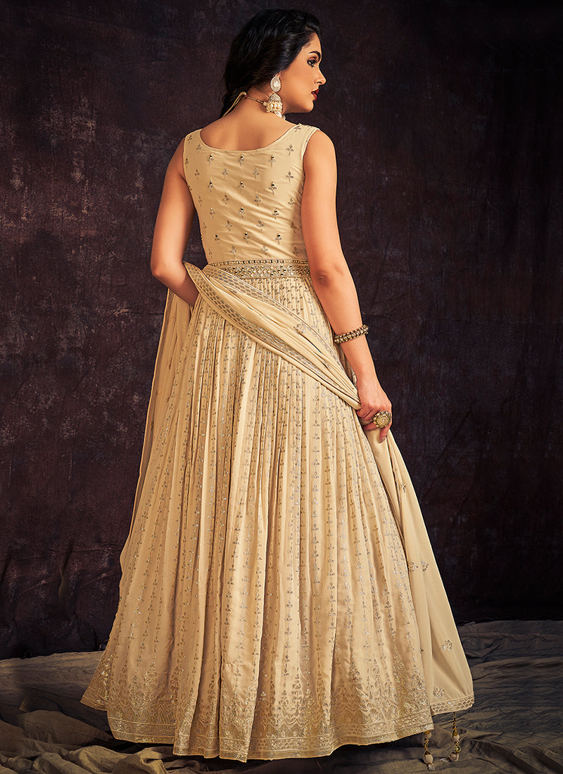Off White Mirror Work Embroidery Anarkali Gown Clothsvilla