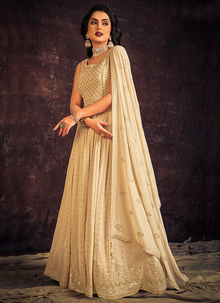 Off White Mirror Work Embroidery Anarkali Gown Clothsvilla