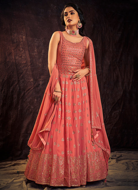Peach Coral Mirror Work Embroidery Anarkali Gown Clothsvilla Main image