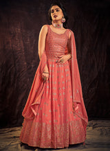 Load image into Gallery viewer, Peach Coral Mirror Work Embroidery Anarkali Gown Clothsvilla