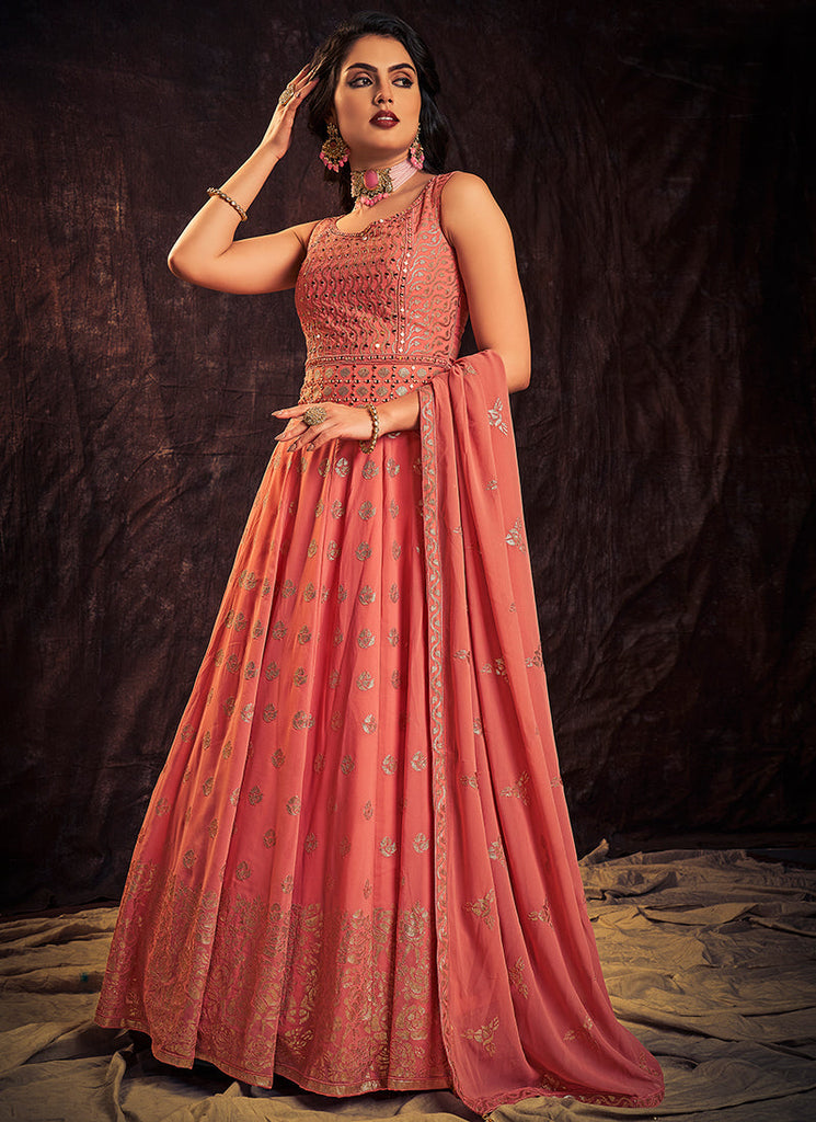 Peach Coral Mirror Work Embroidery Anarkali Gown Clothsvilla