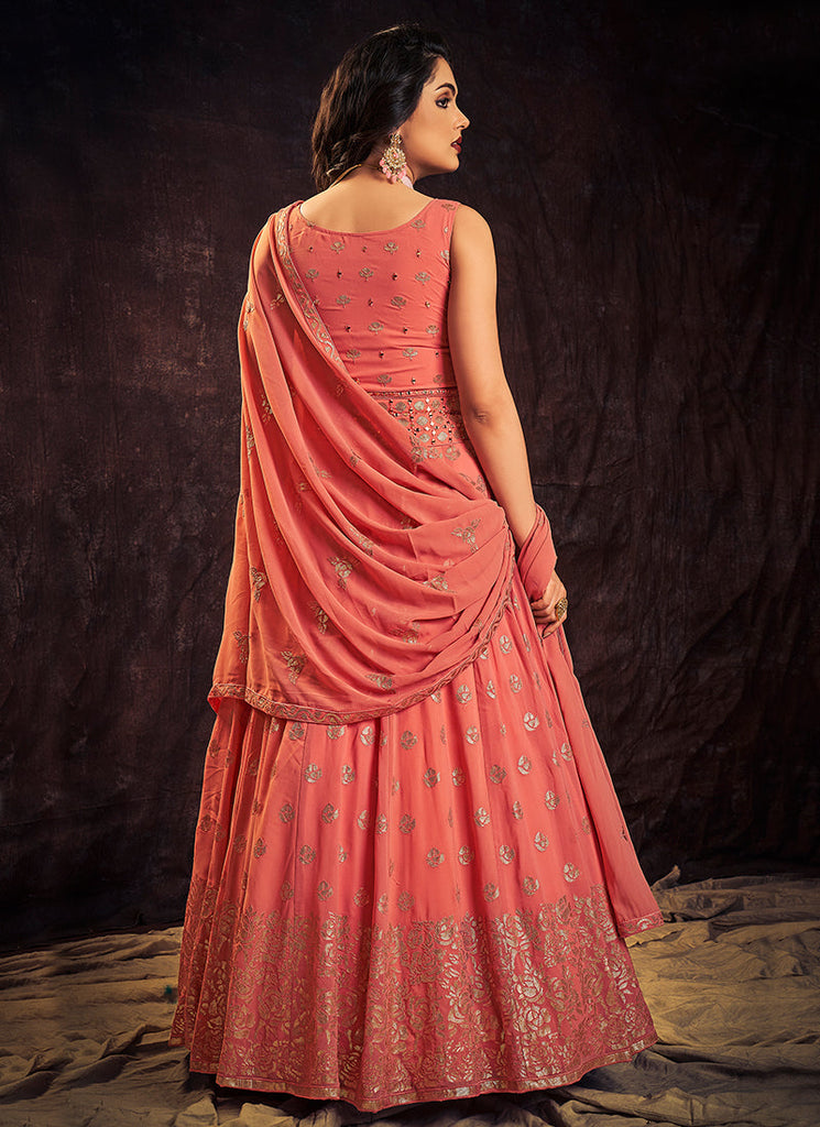 Peach Coral Mirror Work Embroidery Anarkali Gown Clothsvilla