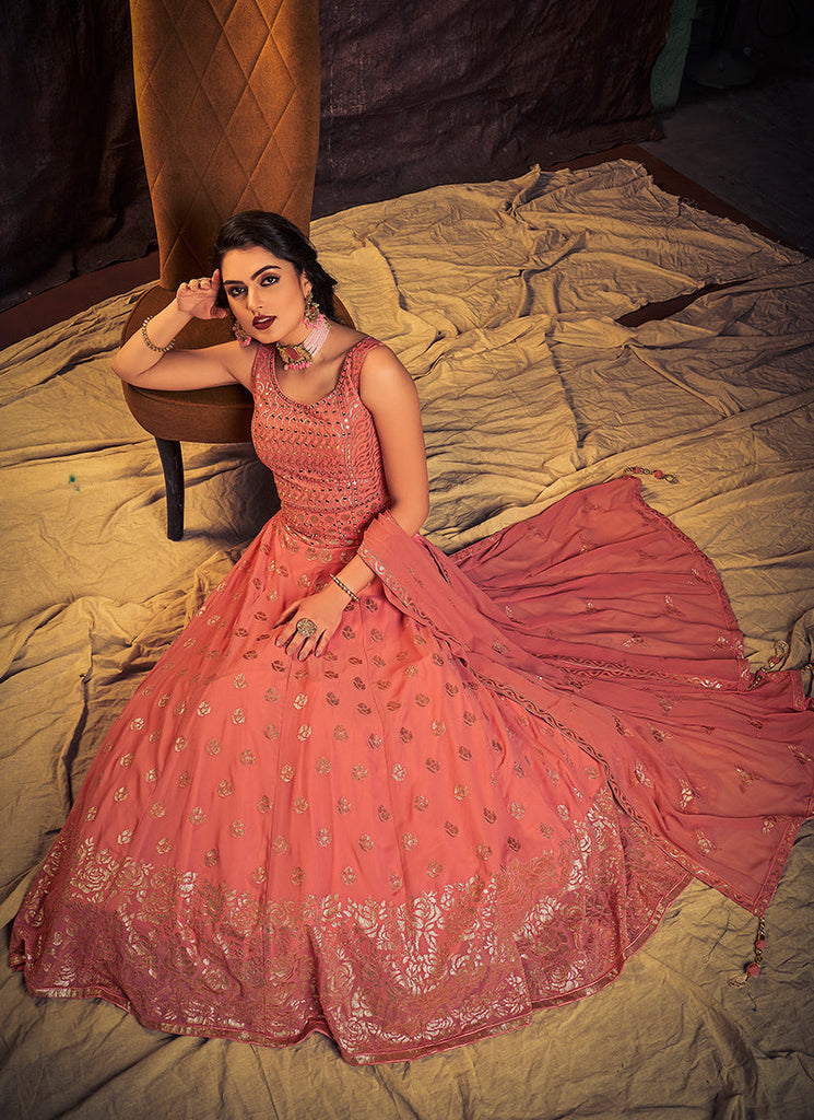 Peach Coral Mirror Work Embroidery Anarkali Gown Clothsvilla