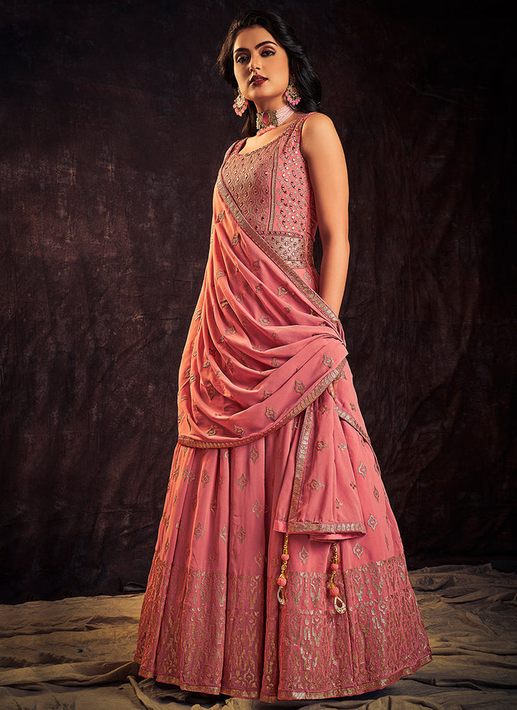 Rich Pink Mirror Work Embroidery Anarkali Gown Clothsvilla