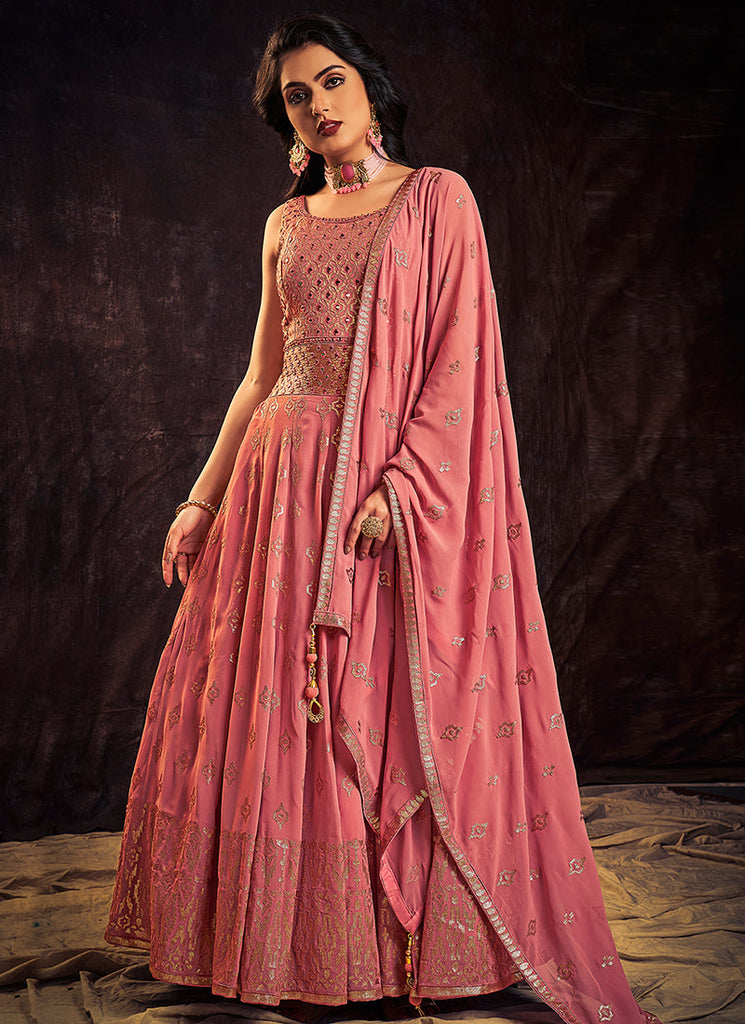 Rich Pink Mirror Work Embroidery Anarkali Gown Clothsvilla