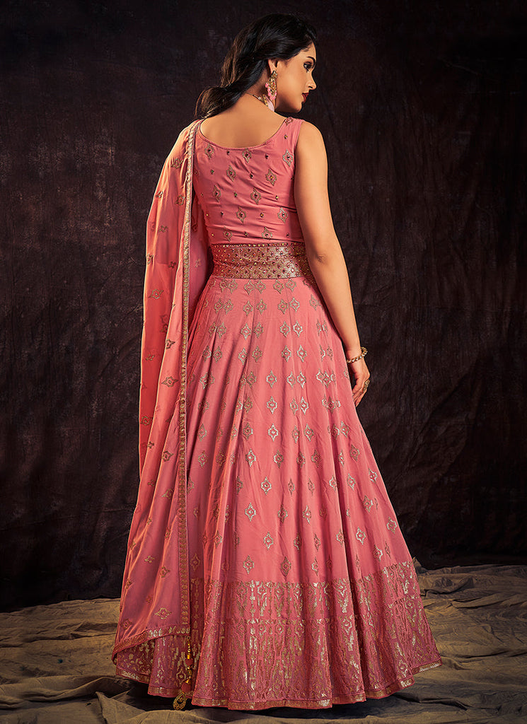 Rich Pink Mirror Work Embroidery Anarkali Gown Clothsvilla