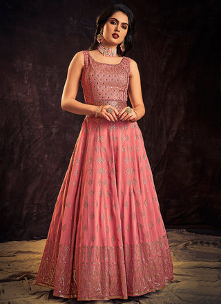 Rich Pink Mirror Work Embroidery Anarkali Gown Clothsvilla