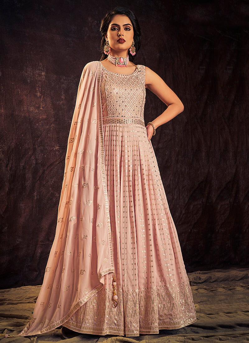 Light Pink Mirror Work Embroidery Anarkali Gown Clothsvilla