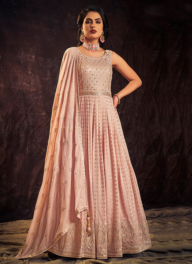 Light Pink Mirror Work Embroidery Anarkali Gown Clothsvilla