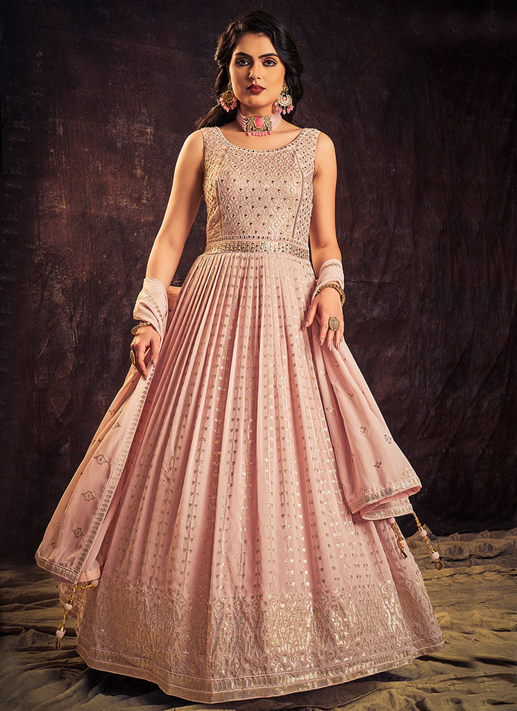 Light Pink Mirror Work Embroidery Anarkali Gown Clothsvilla