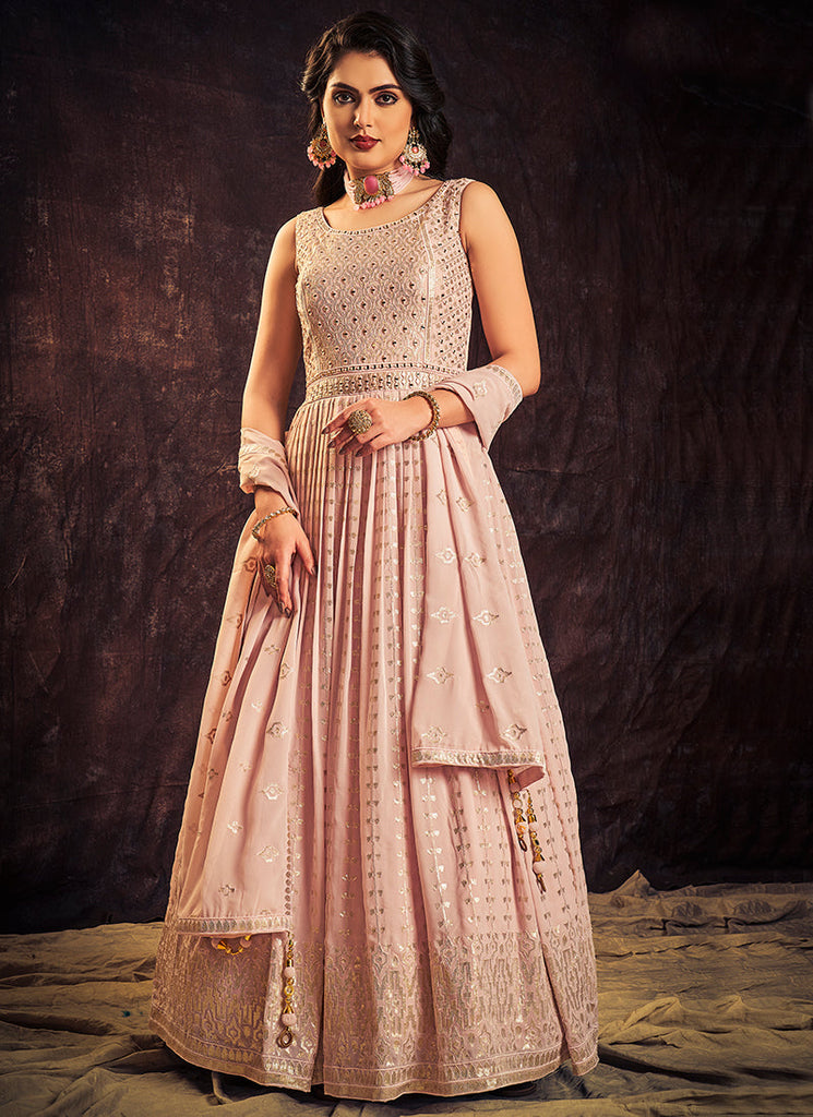 Light Pink Mirror Work Embroidery Anarkali Gown Clothsvilla