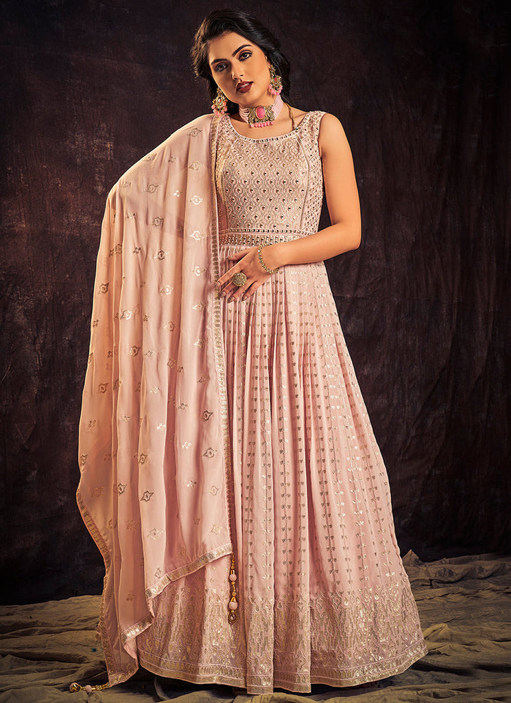 Light Pink Mirror Work Embroidery Anarkali Gown Clothsvilla