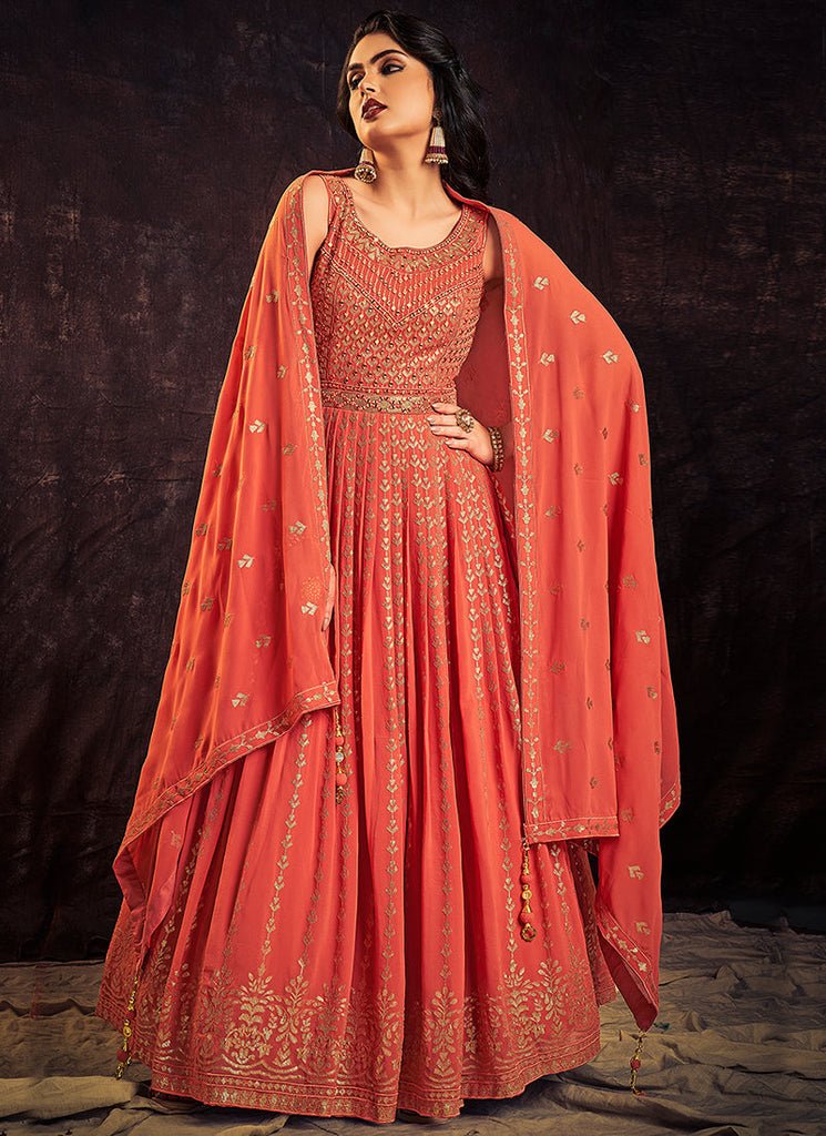 Orange Sequence And Mirror Work Embroidery Anarkali Gown Clothsvilla