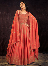 Load image into Gallery viewer, Orange Sequence And Mirror Work Embroidery Anarkali Gown Clothsvilla